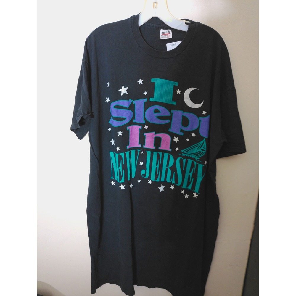 Anvil Graphic Tee Women One Size Black Vtg I Slept In New Jersey Single Stitch